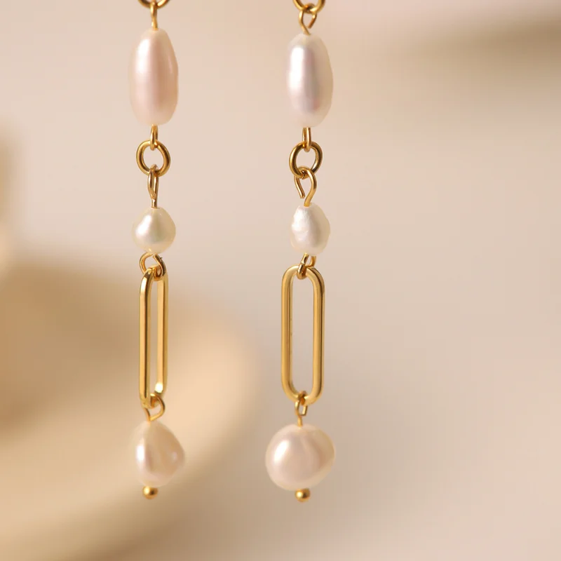 

Minar Classic Freshwater Pearl Long Drop Earrings for Women 18K Gold Plated Stainless Steel Hollow Link Chain Tassel Earring