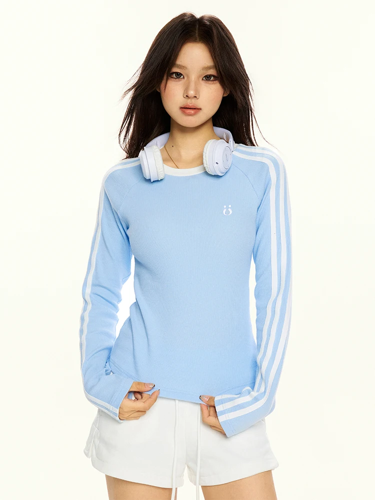 Blue round Neck Stripe Patchwork Long sleeves Shirt Bottoming Women Autumn and Winter New American Raglan Sleeve Inner ...