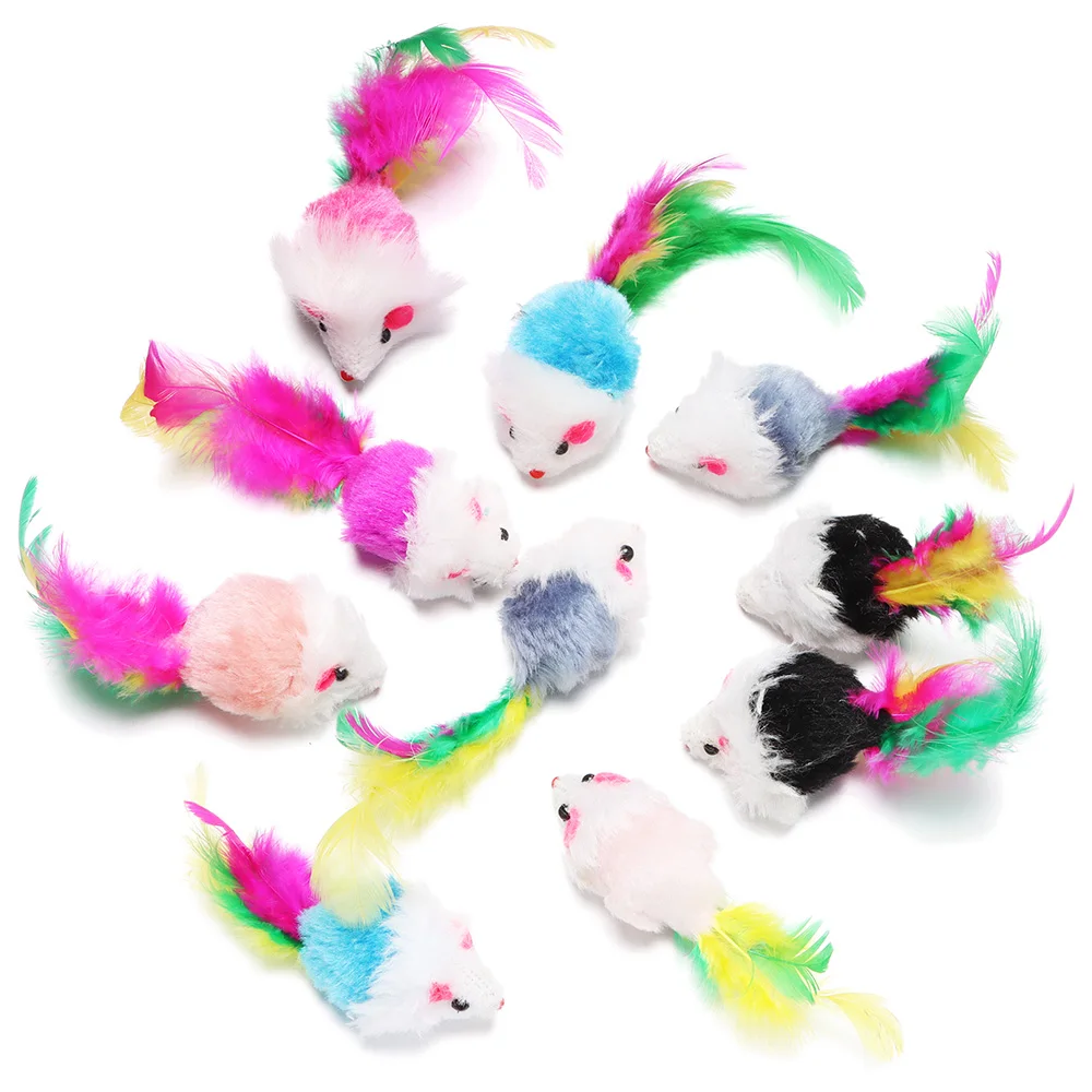 

10Pcs Cat Mouse Toys Cat Toy Mice Rattle Set Interactive Toy for Indoor Cats and Kittens Assorted Color Toys with Feather Tail