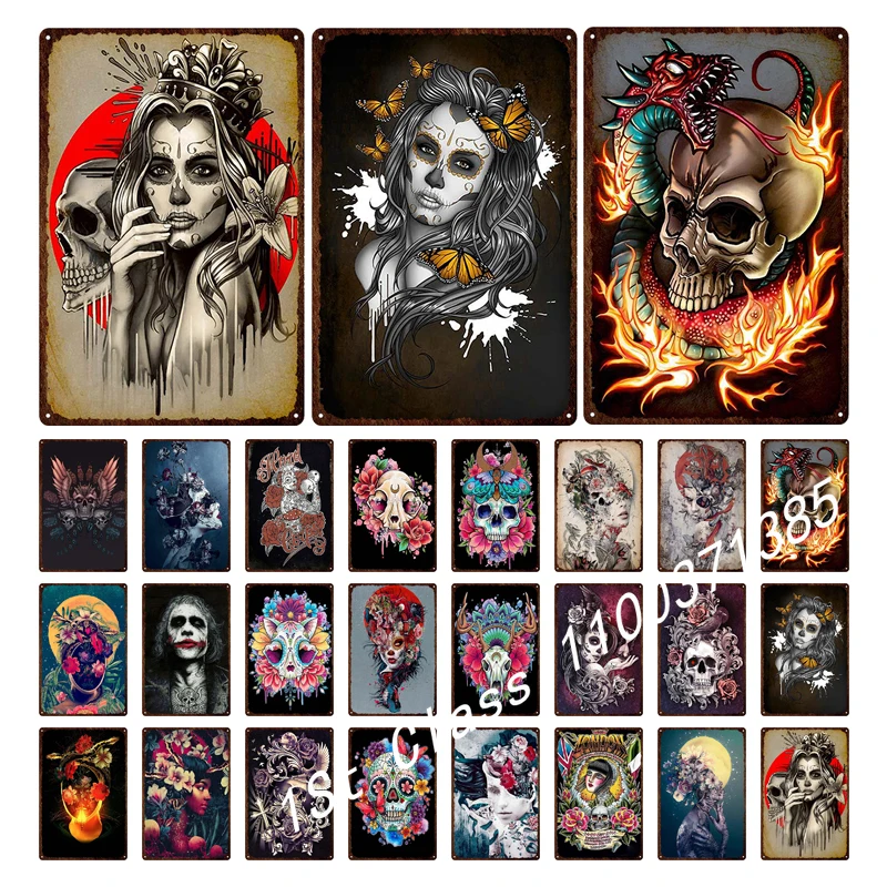 

Skeleton Skull Tin Signs Mexican Festival Day of The Dead Plaque Wall Art Metal Painting Party Shop Home Tattoo Parlors Plate