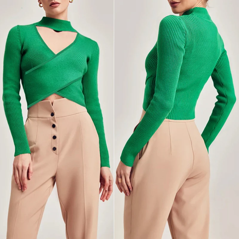 

Women Knitted Tops Sexy V Neck Long Sleeve Solid Color Casual Fashion Slim Pullover Streetwear Basic Lady Clothing Spring Autumn