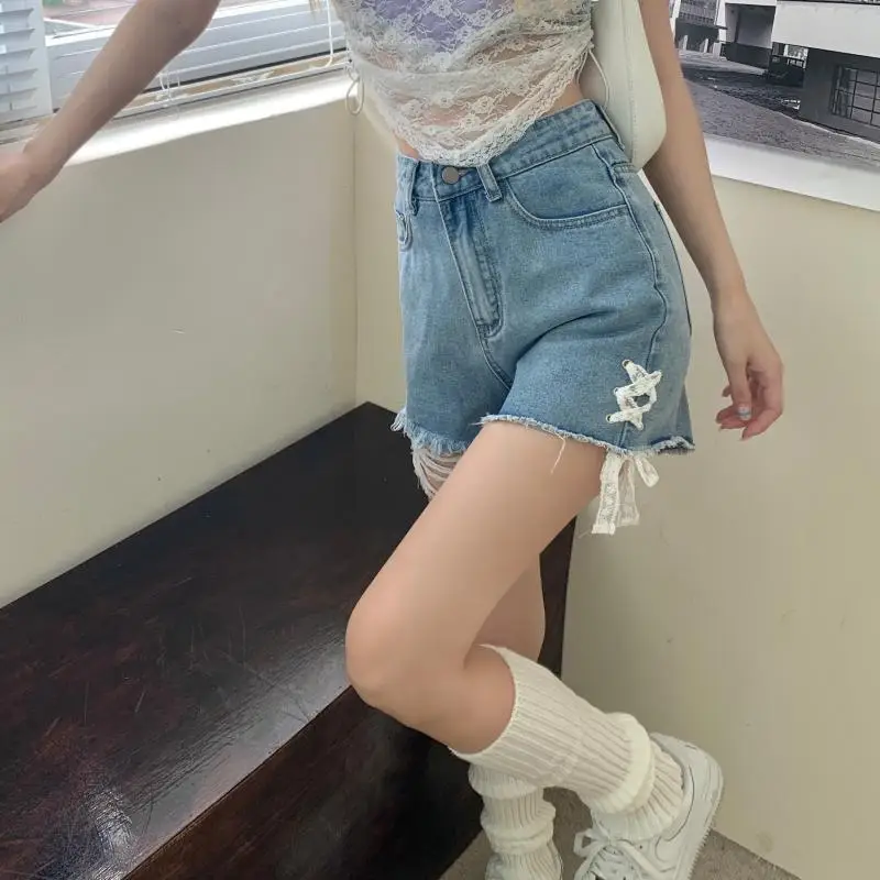 Hottie Denim Shorts Summer Women High Waist Thin Wide Leg Pants Bowknot Hot Girl Sexy Jeans Slim Casual Street Fashion Clothing