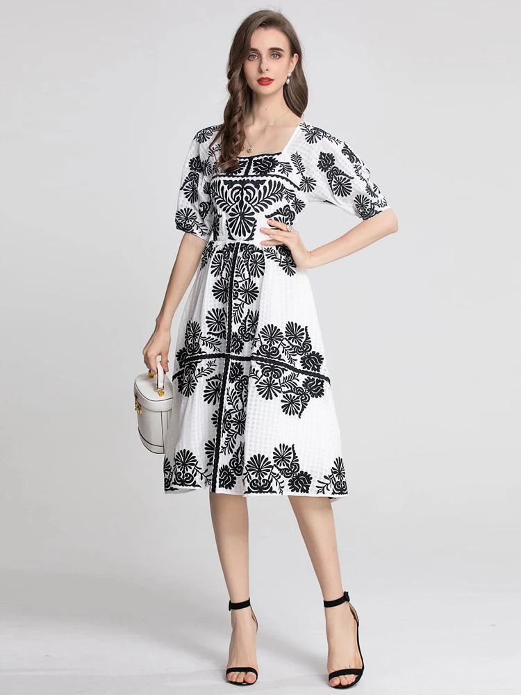 

Knee Dress Runway High Quality Summer Women's Vintage Elegant Chic Short Sleeve Cute Casual Party Embroidery Black White Dress