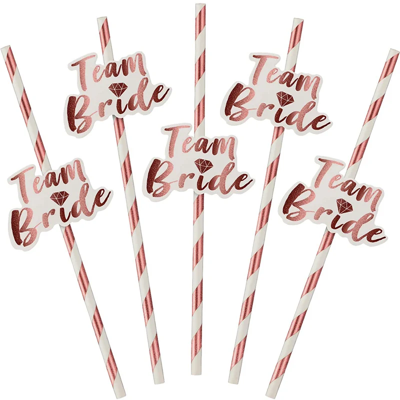 

12Pcs Rose Gold Paper Straws with Team Bride Flags for Hen Party Straws Bridal Shower Bachelorette Wedding Party Tableware