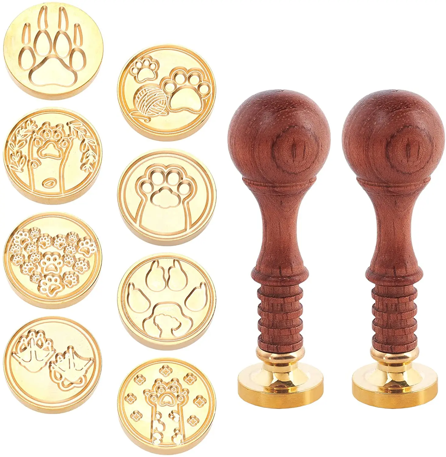 

Набор штампов для вощеной печати, 10 шт., 8 шт., латунные головки штампов, тема печати лап, диаметр 25 мм, 2 ручки из натурального дерева