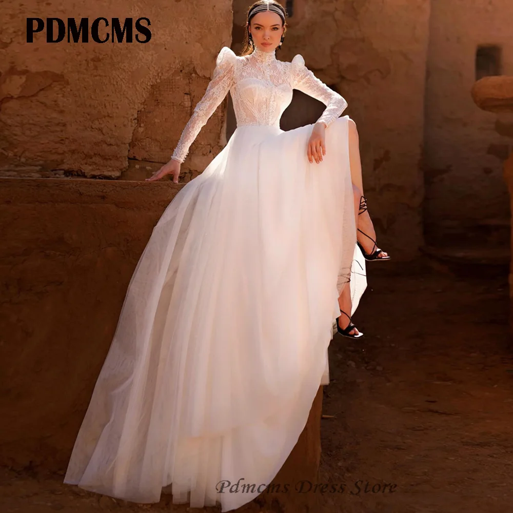 

PDMCMS High Neck Puff Long Sleeves Lace Wedding Dresses Boho Soft Tulle Floor Length Elegant Bridal Gowns Vestido de noiva 2024