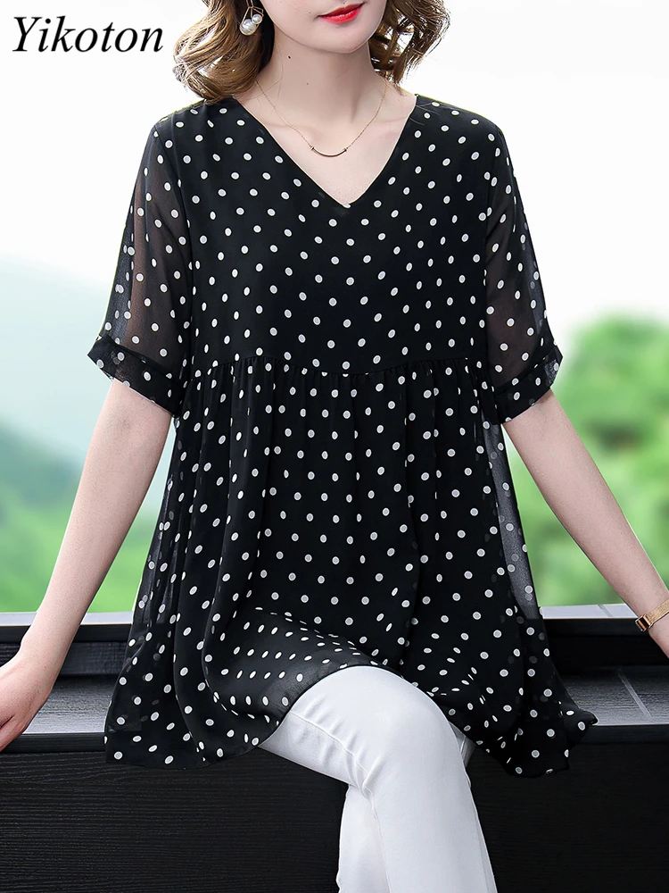 Женская шифоновая блузка в горошек Повседневная Свободная рубашка с коротким