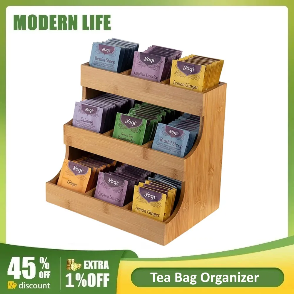 

Tea Bag Organizer Storage 3 Layers Holder Wooden Bamboo Storage Rack Multi-Functional General Sugar Tea Storage Shelf Container