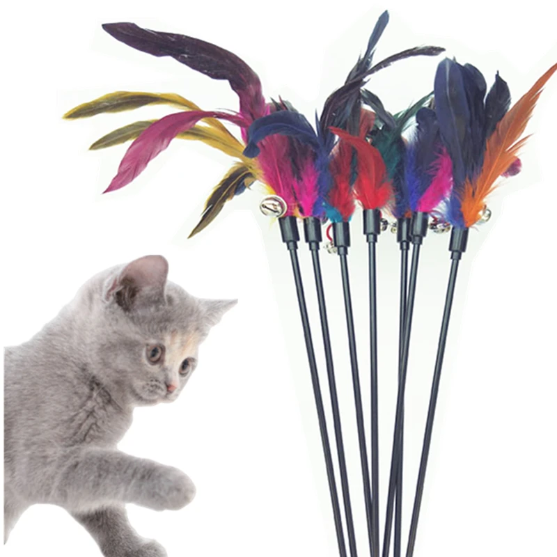 

5pcs/lot Cat Toys Feather Wand Kitten Cat Teaser Turkey Feather Interactive Stick Toy Wire Chaser Wand Toy Random Color