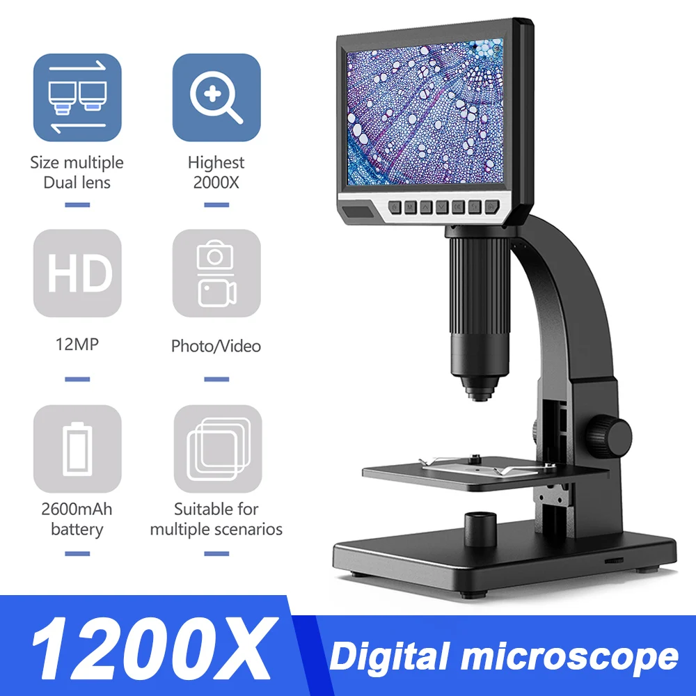

7 inch LCD Digital Microscope Dual Lens 2000X HD 12MP Cell Microscope for Science Observing Welding Circuit Board Maintenance