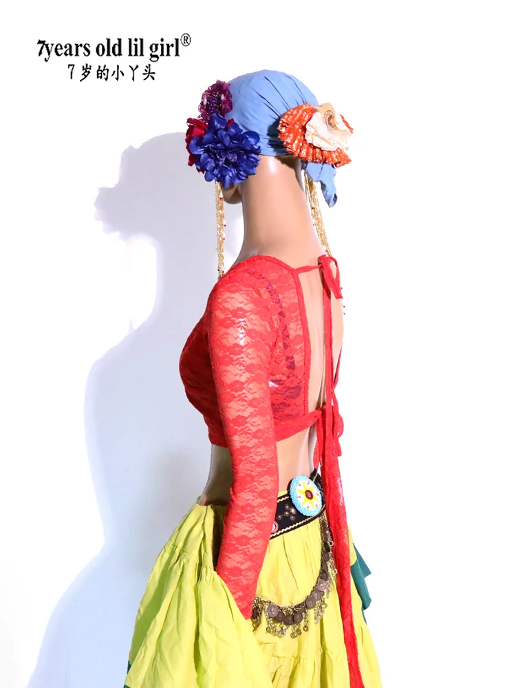 Женский кружевной костюм для танца живота с длинным рукавом