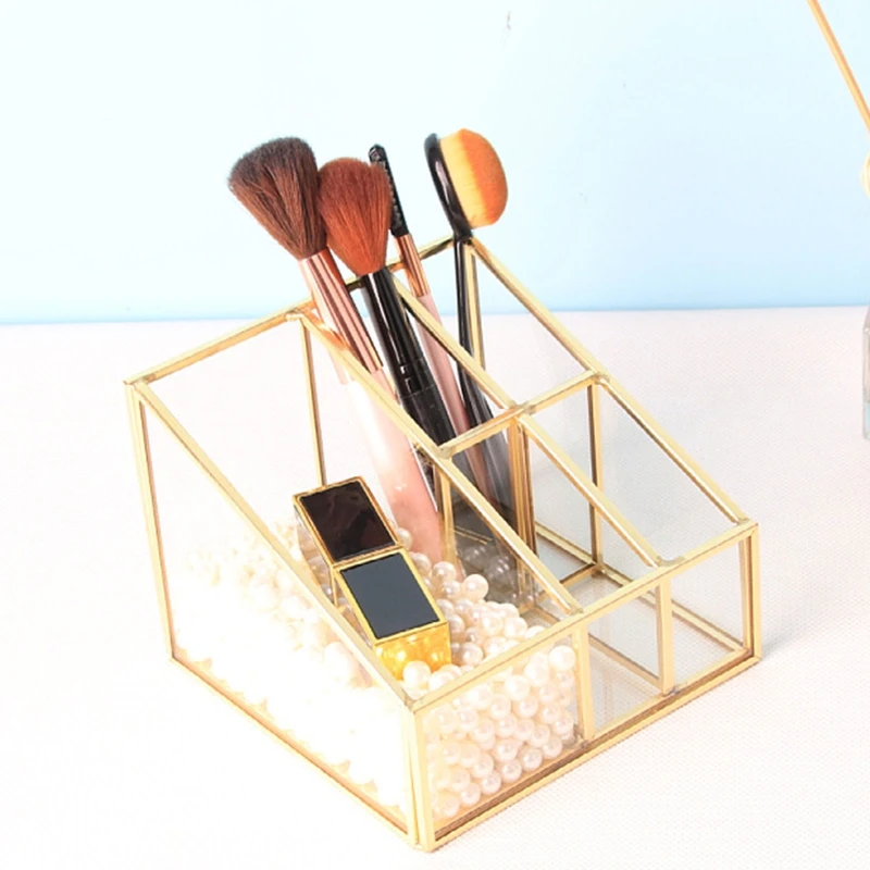 

Decorative Makeup Brush Holder Pen Pencil Holder for Desk Organizer Gold Glass Cosmetic Display Cases Pot for Women Girl