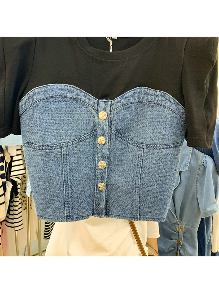 

2022 Summer New Women T-shirt French Vintage Patchwork Denim Short Sleeve Clothes Fashion All-Match Streetwear Casual Crop Tops