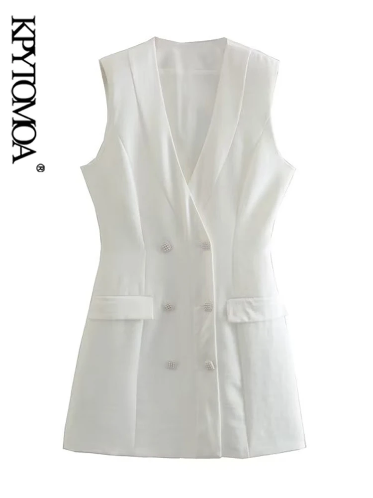 

KPYTOMOA женское модное с искусственным жемчугом пуговицы офисная одежда Мини платье винтажное без рукавов с карманами с клапаном женские платья