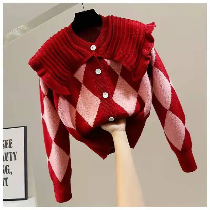 

Cardigan Female Sweater Fashion Rhombus Plaid Color Sweet Big Doll Collar Splicing Single-buckle Sweater Casual Thin Sweater