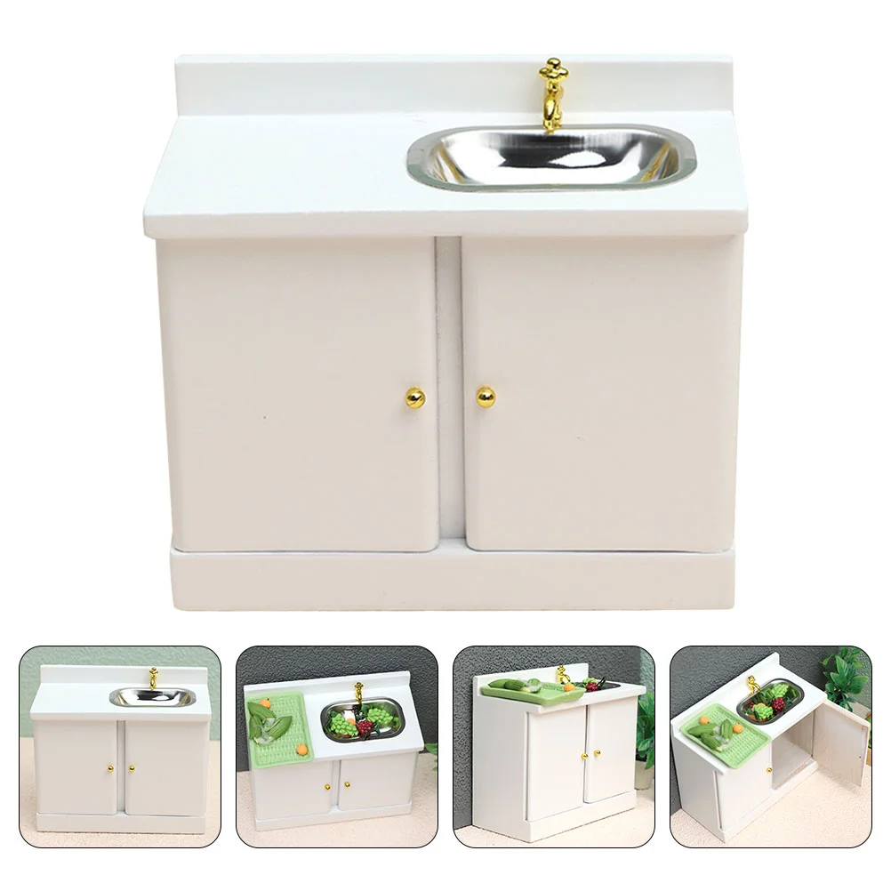 

Dollhouse Cupboard Mini Wooden Sink Counter Decor White Decorate Decoration Miniature Cabinet Micro Scene Miniture