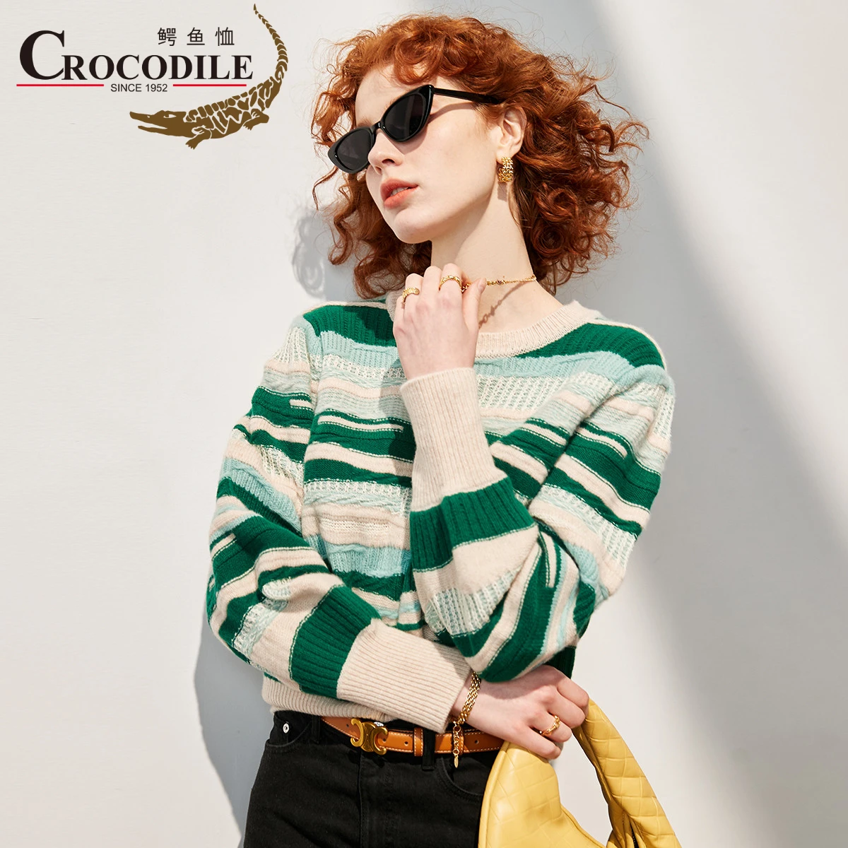 

Crocodile New-Coming Winter Clothes Women Color Spliced Stripes Sweater Round Neck Comfortable Soft Knitwear Loose Pullover Tops