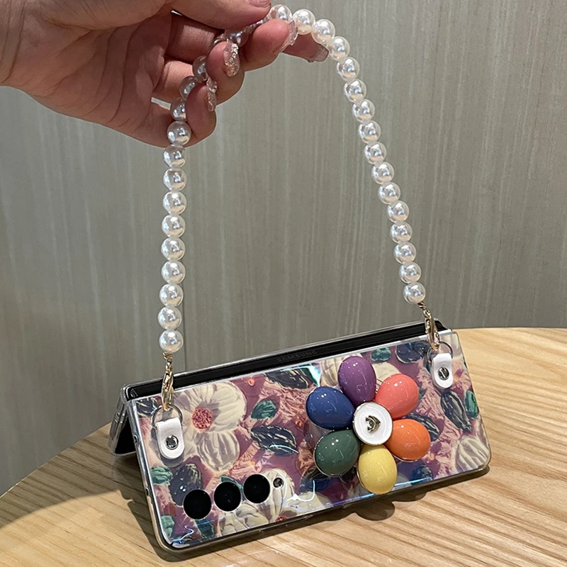 Colorful Sunflower Bracket Hang Wrist Chain Pearl Bracelet Phone Case For Samsung Galaxy Z Fold 4 3 5G Blue Ray Flower IMD Cover images - 6