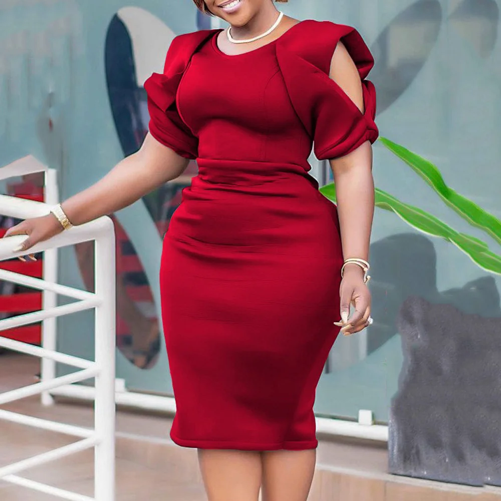 

Elegant Dress Women Round Neck Cold Shoulder Short Sleeve Sheath Package Hip Mid Calf Ladies Business Work Wear Dress Midi Cloth