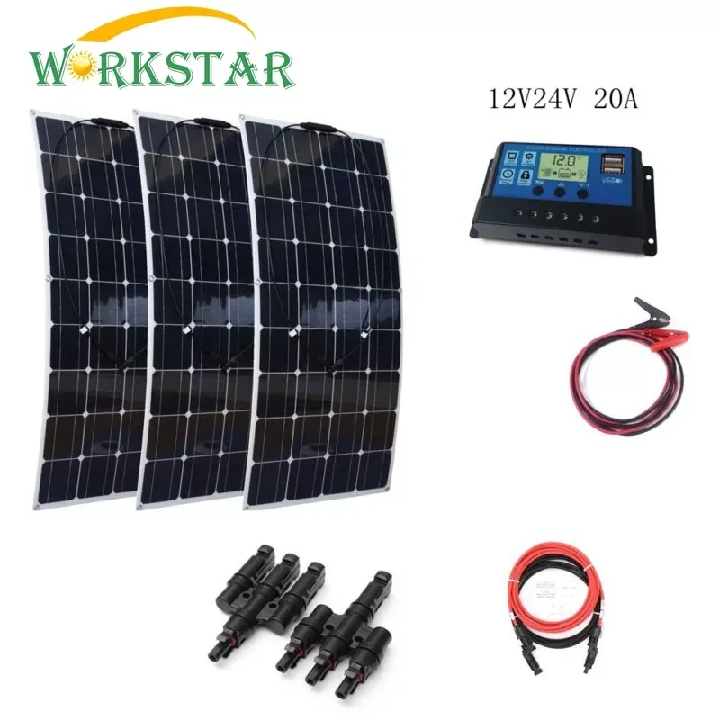 

2023NEW WORKSTAR 3 x 100W Flexible Solar Panel with 20A Controller and Cable 100W Solar Charger Houseuse 300W Solar System begin