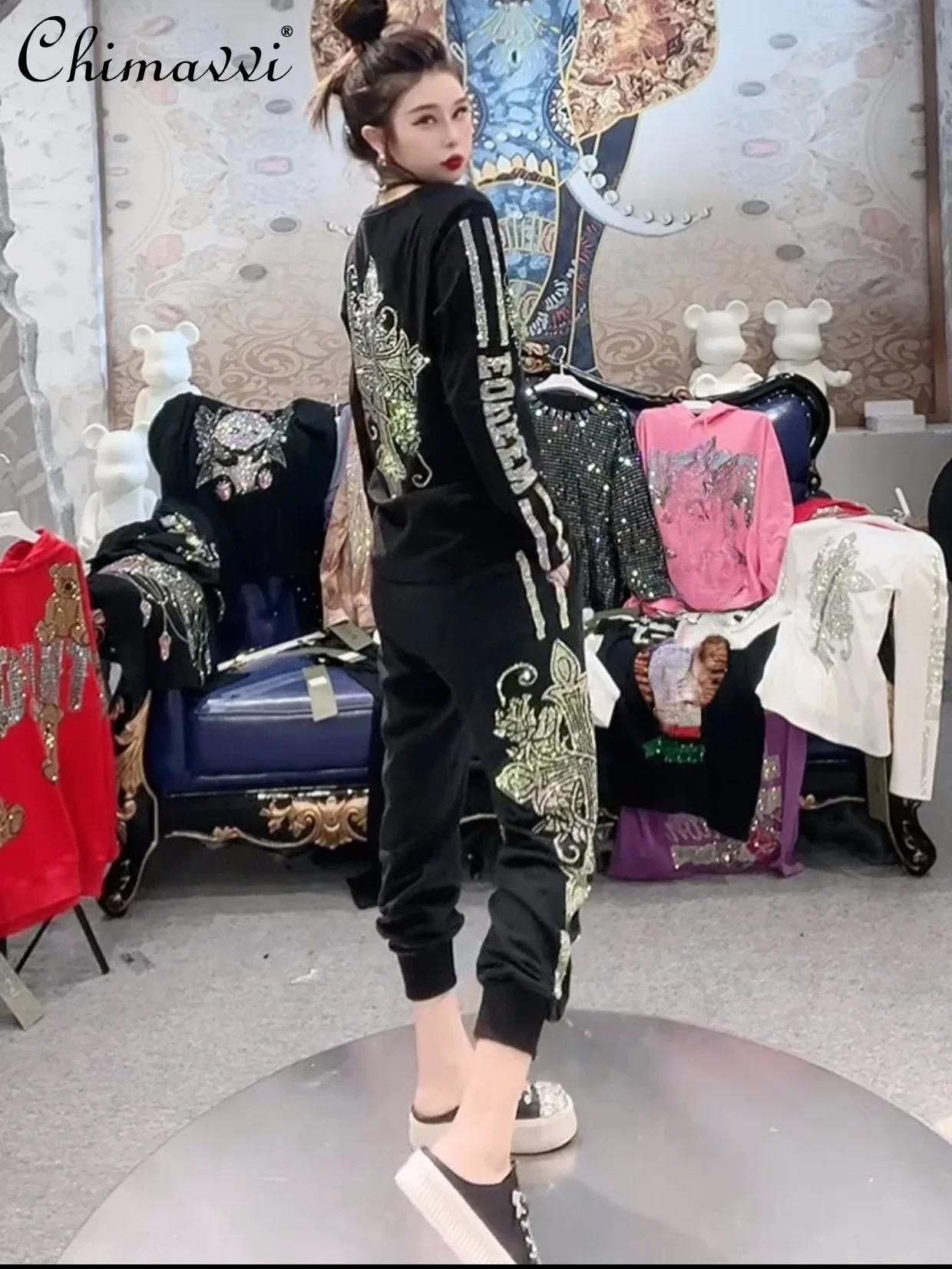 Европейская Тяжелая популярная рубашка с круглым вырезом и бриллиантами Женский