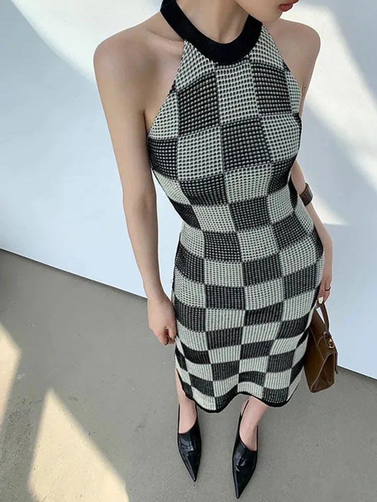 

korean Style Dress 2022 Summer Designing 3D Corn Checkerboard printed sleeveless halterneck Slim Midi Dress Elegant Fashion