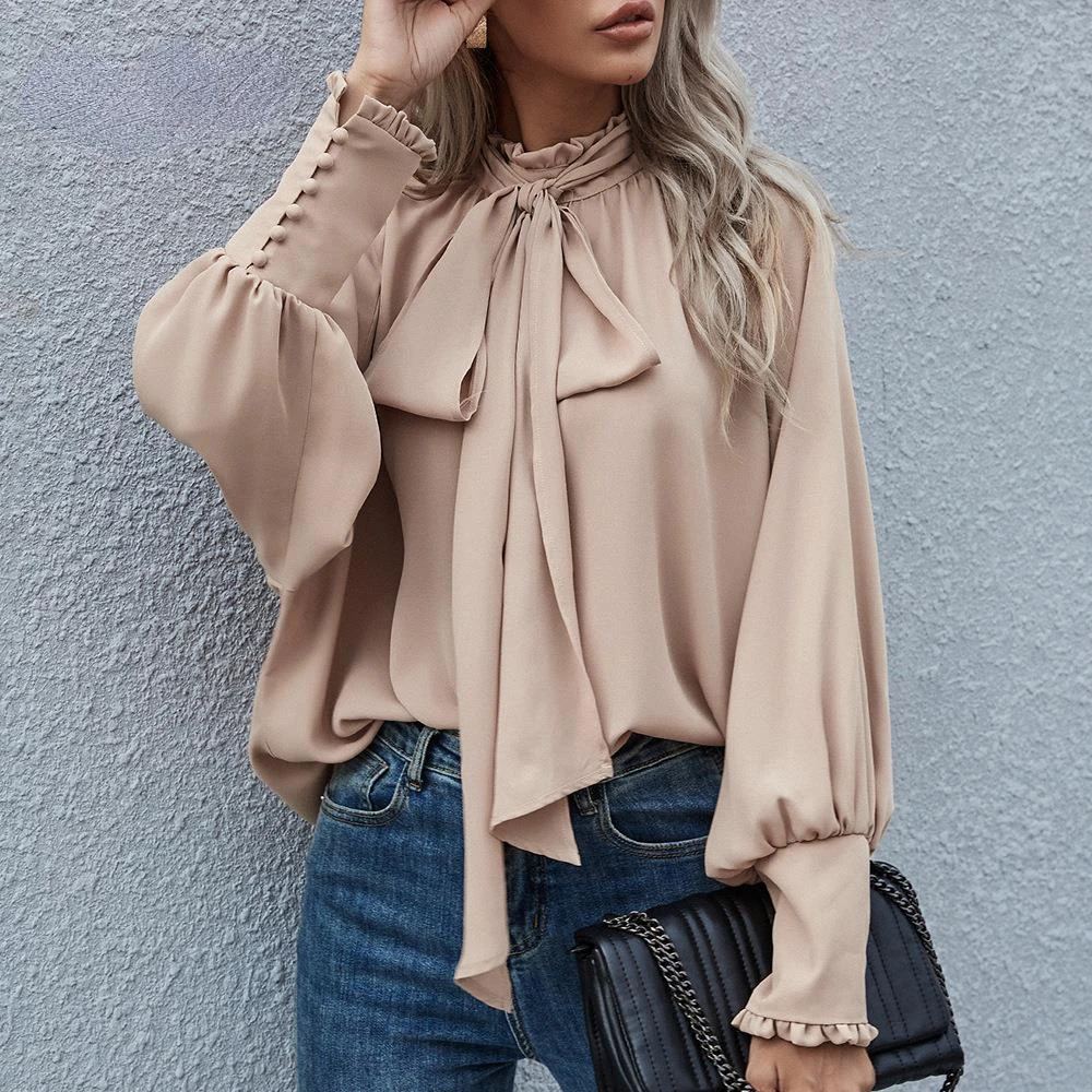 Fashion Bow Long Sleeve Solid chiffon Women Tops And Blouses 2022 Autumn Casual Loose Office Ladies Blouse Women Shirt Top Femme