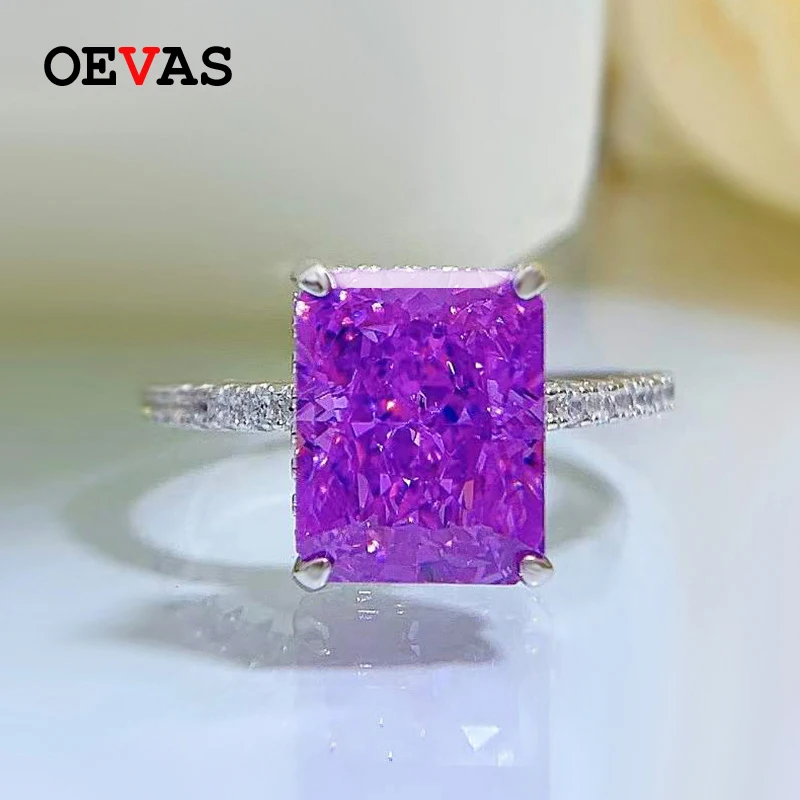 

OEVAS 100% 925 Sterling Silver 8*10mm Purple High Carbon Diamond Radiant Cut Rings For Women Sparkling Wedding Fine Jewelry Gift