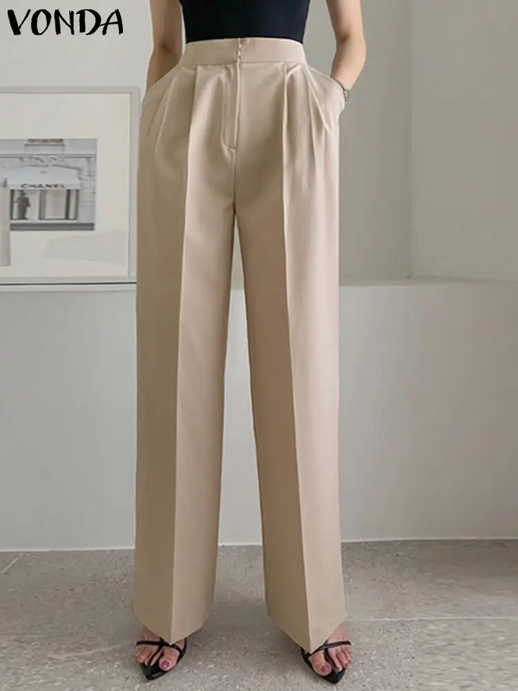 

VONDA Women Wide Leg Pants 2022 Fashion High Waist Pleated Elegant Trousers Casual Loose Pockets Zipper Long Pants Streetwear