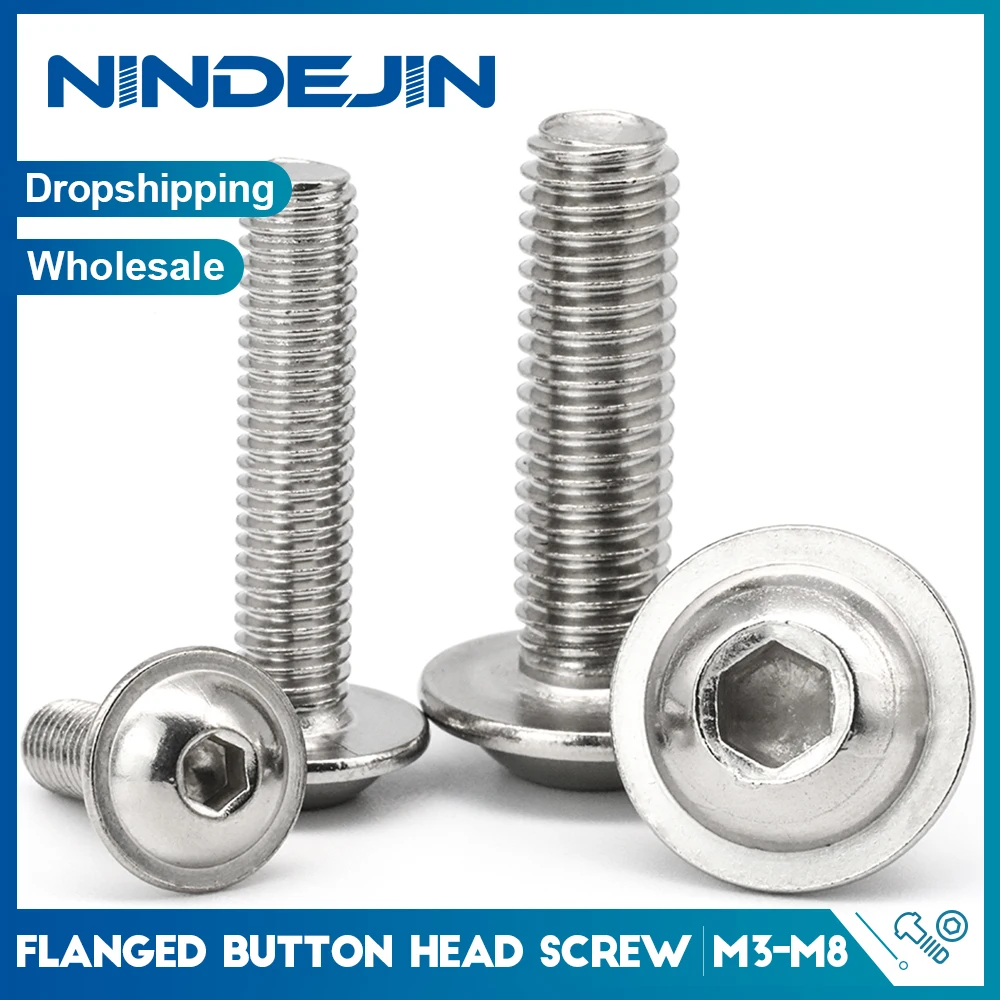 

NINDEJIN Flange Button Socket Head Cap Screw M3 M4 M5 M6 M8 Stainless Steel Round Head with pad Hexagon Socket Screw Bolt