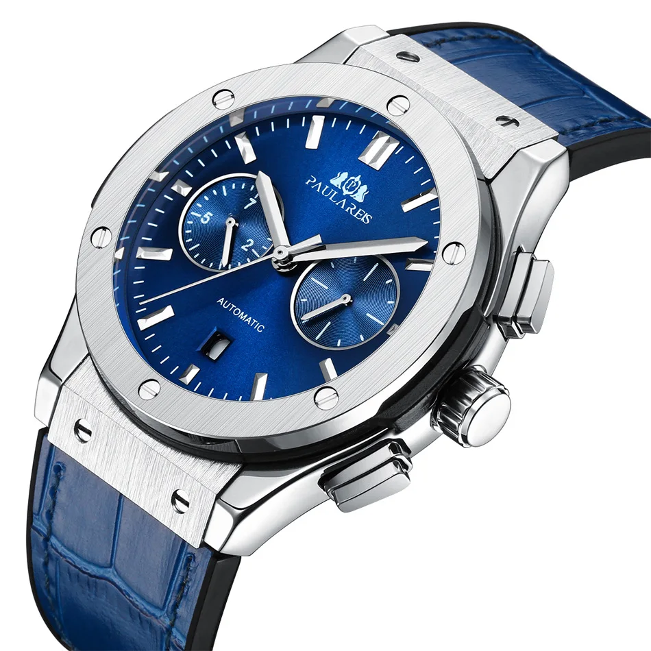 

Часы наручные мужские с автоматическим механизмом, модные деловые водонепроницаемые светящиеся механические, с кожаным ремешком и резиновым ремешком