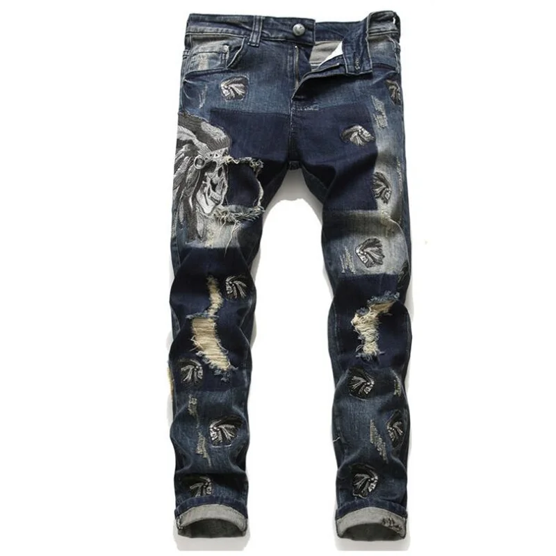 Original design jeans men's denim pants trousers autumn winter new European and American fashion blue elastic hole embroidery