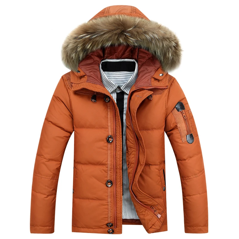 Male Winter Thickening Down Coat Natural Raccoon Dog Fur Collar Hooded Duck Down Short Jacket for Man Orange Army Green 2xl 3xl