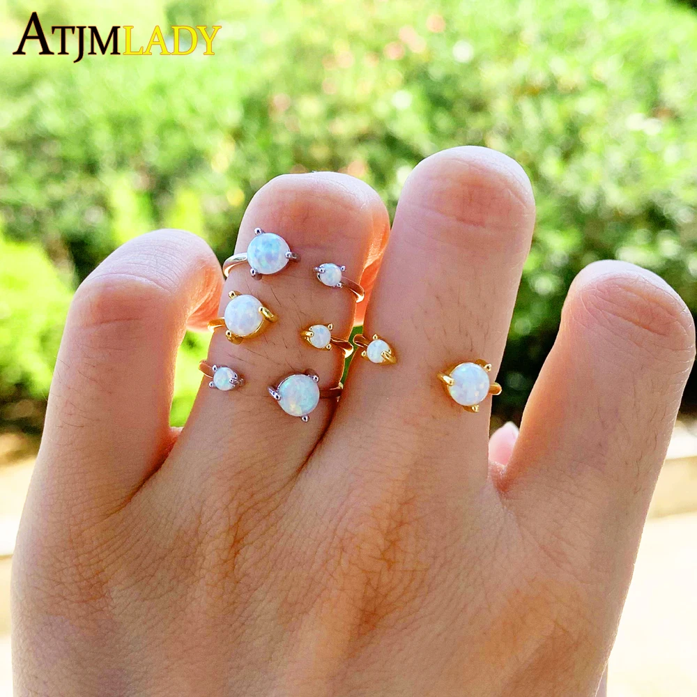 

High Quality Micro Pave White Fire Opal CZ Rings Prong Setting Double Two Opal Stone Classic Fashion Adjust Open Finger Jewelry
