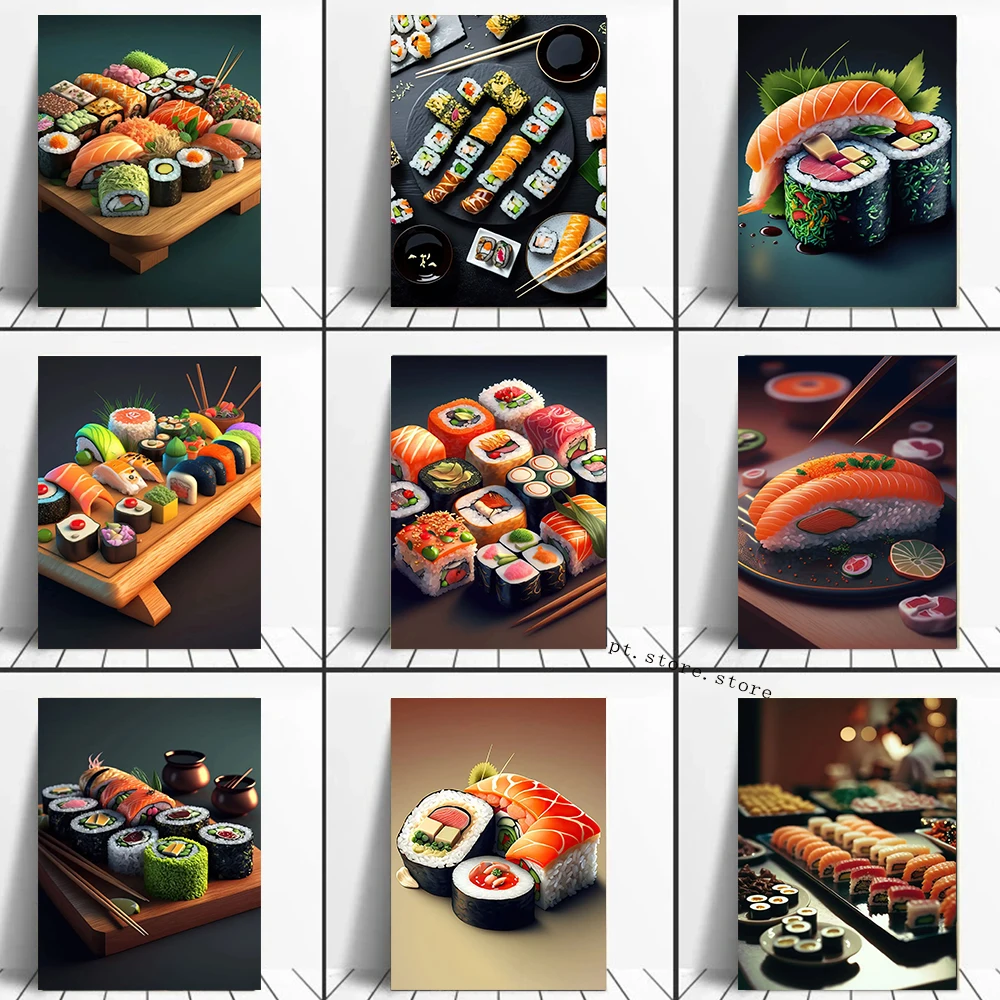 

Japanese Popular Food Poster Painting Sushi Salmon Roll Caviar Seafood Canvas Print Wall Art Mural Restaurant Kitchen Home Decor