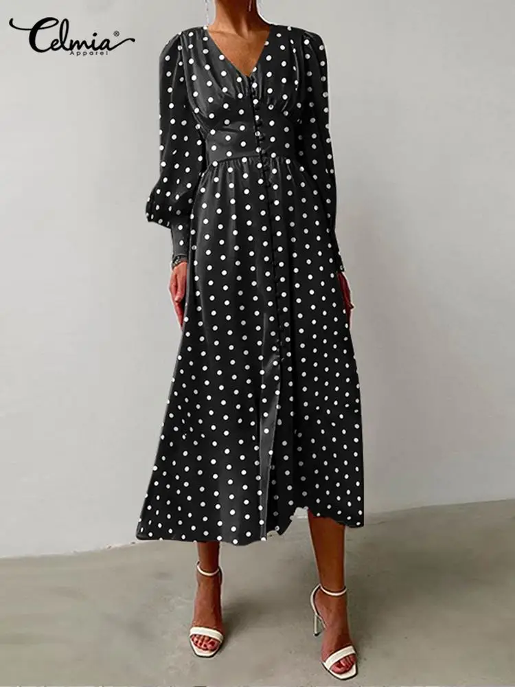 

Celmia Elegant Polka Dot Party Dress Button Up Women V Neck 2023 Fashion Midi Dress Waisted Long Puff Sleeve Vintage Long Robes