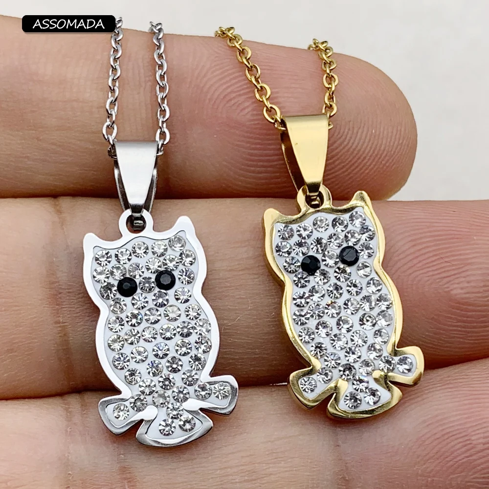 

ASSOMADA Stainless Steel Women Owl Pendant Animal Crystal Rhinestone Pendant Necklace For Lady Girl Charm Fashion Jewelry