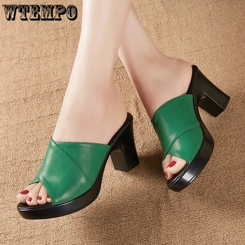WTEMPO Soft Leather Sandals Women Wear High-heeled Summer Non-slip Thick-heeled Large-sized High-heeled Slippers Dropshipping