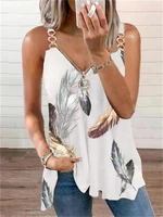 2022 women summer new suspenders t shirts feather printed tank tops sexy zipper v neck sleeveless tanks tee casual loose vest