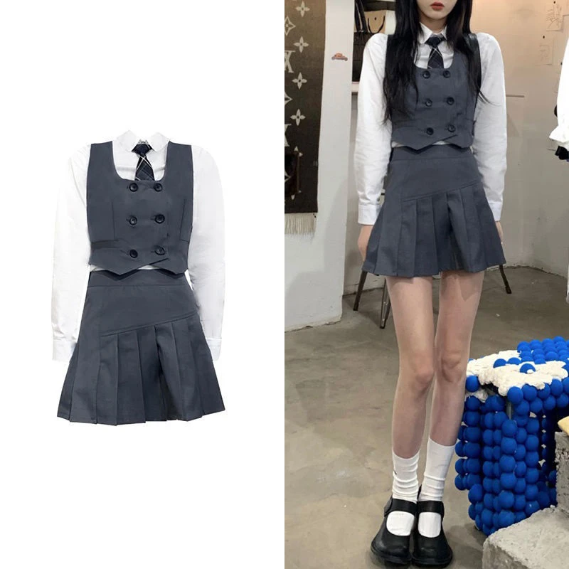 

Japanese College High School Girls Student Uniforms Vintage Cropped Waistcoat+White Shirt Tops+High Waist Pleated Skirt Whit Tie