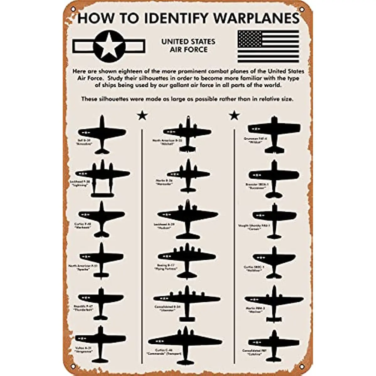 

New WWII Planes，How To Identify Warplanes Metal Tin Sign Gift for Pilot, Men, Dad, Boyfriend Him, WallArt,Aviation Art