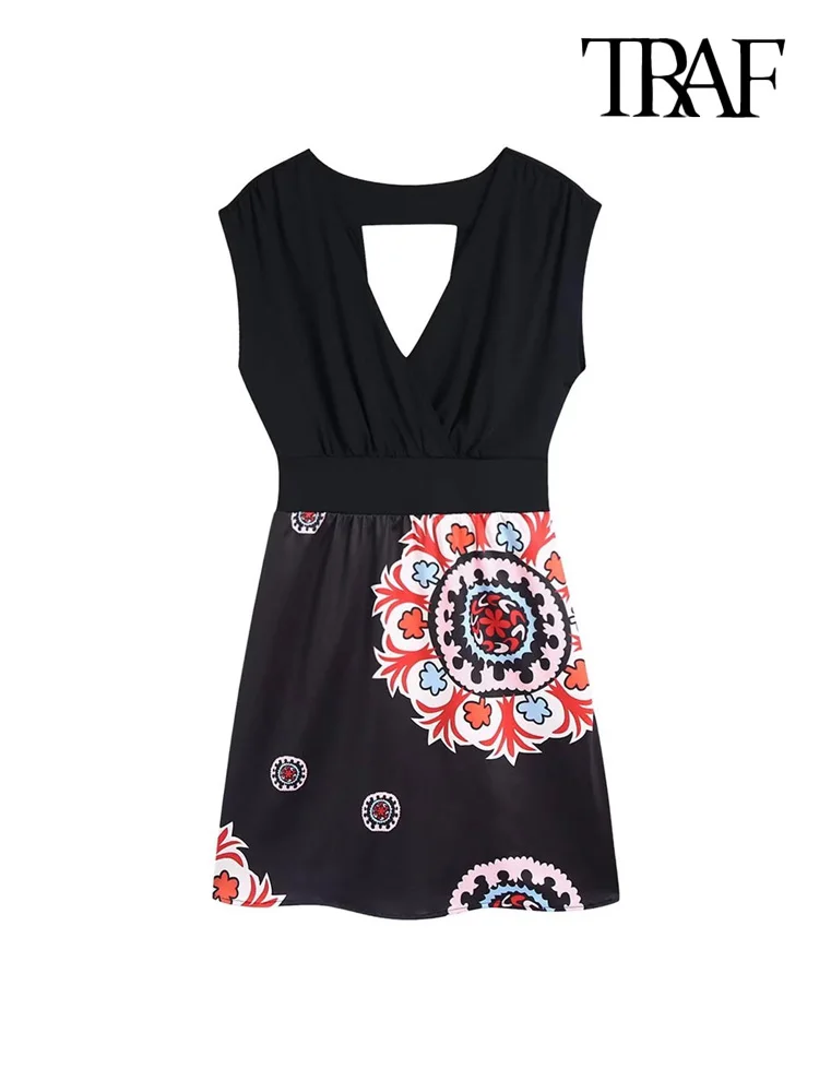 

Платье-мини женское составного кроя с принтом, без рукавов, с открытой спиной и боковой молнией