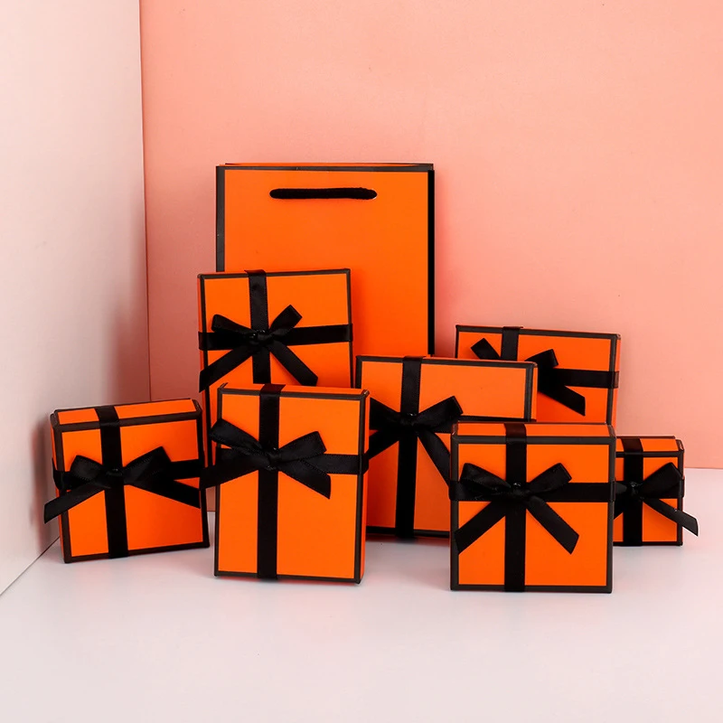

Jewelry Box Delicate Bow Tie Orange Style Gift Packaging Wedding Earrings Necklace Display Jewelry Holder Storage Box Wholesale