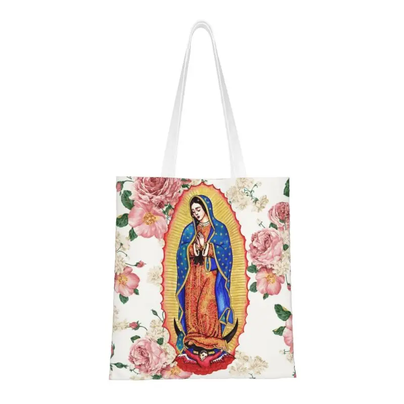 

Custom Virgin Of Guadalupe Shopping Canvas Bags Women Portable Groceries Mexico Catholic Virgin Mary Tote Shopper Bags