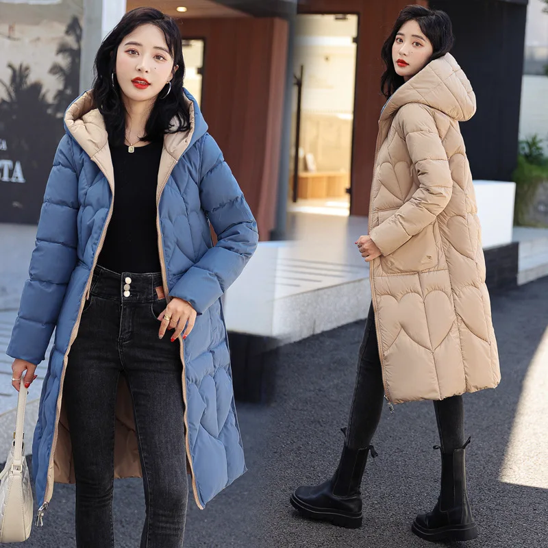 2022 Winter Down Jacket Women Parkas Coats Long Casual Light Warm Hooded Double Sided Wear Cotton Outerwear 5 Color
