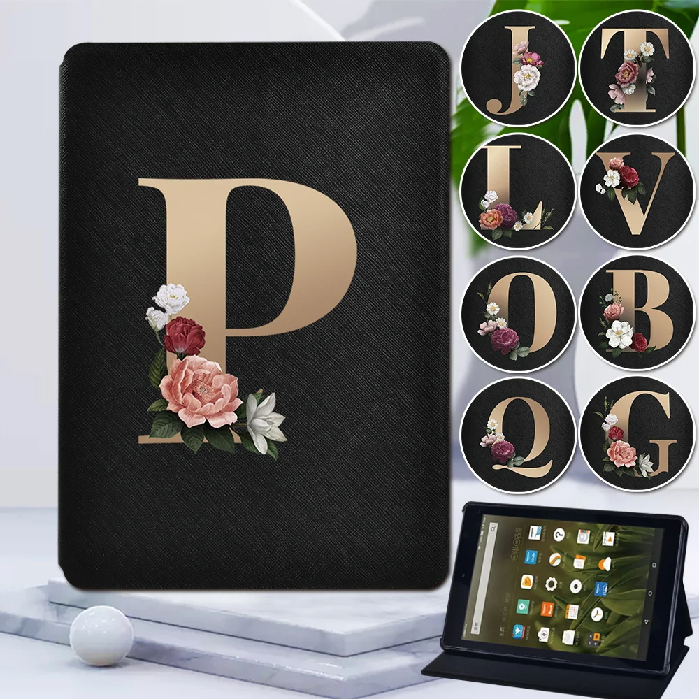 

Tablet Case for Amazon Fire HD 8 Plus 2020/Fire 7/HD 8/HD 10 - Golden Initial Name Pattern Leather Stand Cover Case