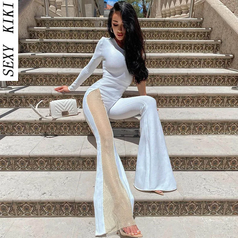 2022 autumn new women's fashion one-shoulder long-sleeved sexy mesh stitching micro boot jumpsuit jumpsuit free shipping