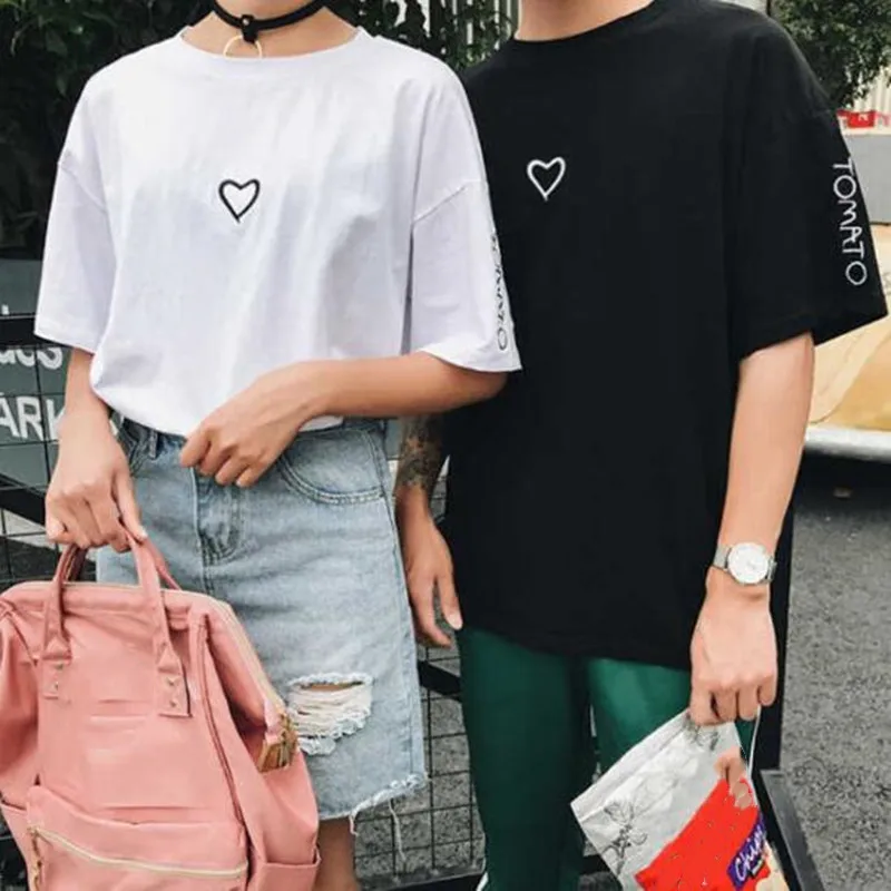 

Bigsweety парные влюбленные вышивка рубашка для девушки женщины любовь сердце письмо томаты печать футболка повседневные белые топы футболка Н...