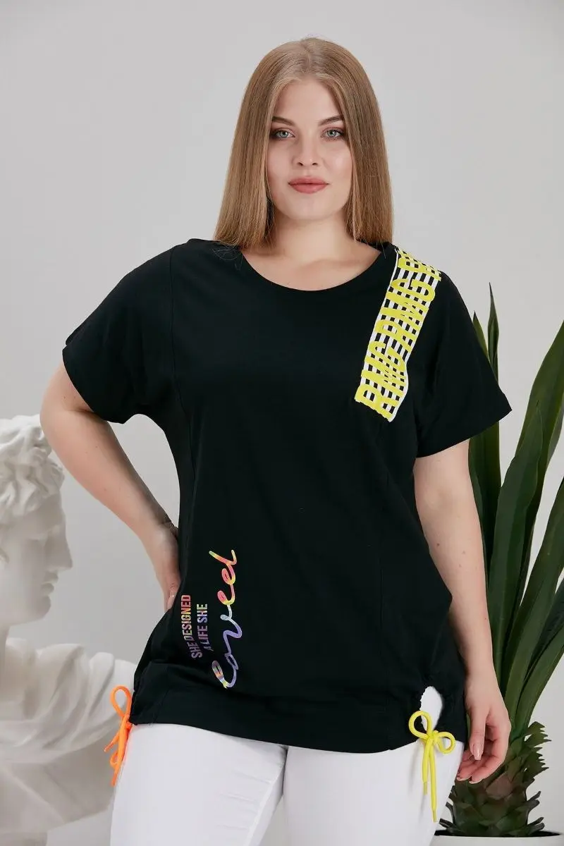 

Skirt lace detailed printed large size black t-shirt