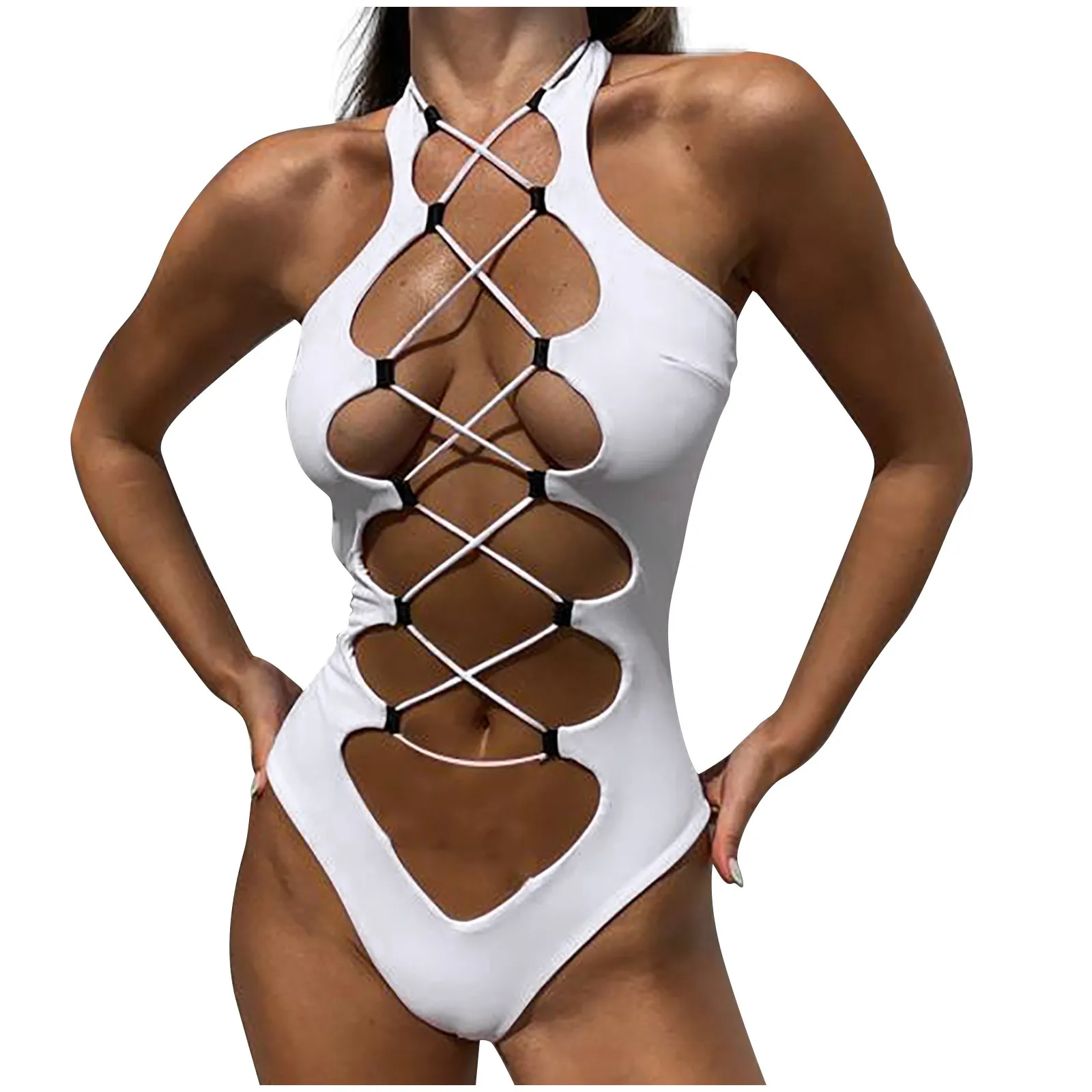 

Womens Sexy Swimsuit Wrap Push Up Solid Color One-Piece Bathing Suit High Waist Training Athletic Swimwears crochet bikini
